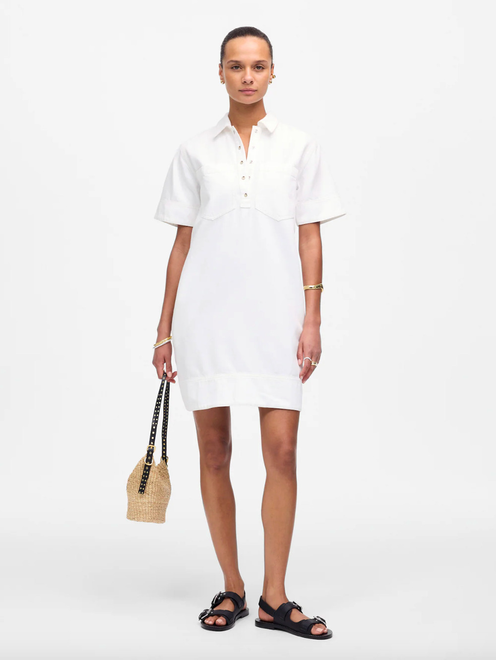 Madewell Denim Popover Dress Shift Pockets Casual Pure White Minimalist S NWT